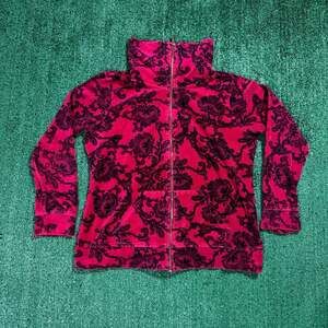 Y2K Style & Co. Sport Women Jacket Medium Red Floral Velour Full Zip Mock Neck